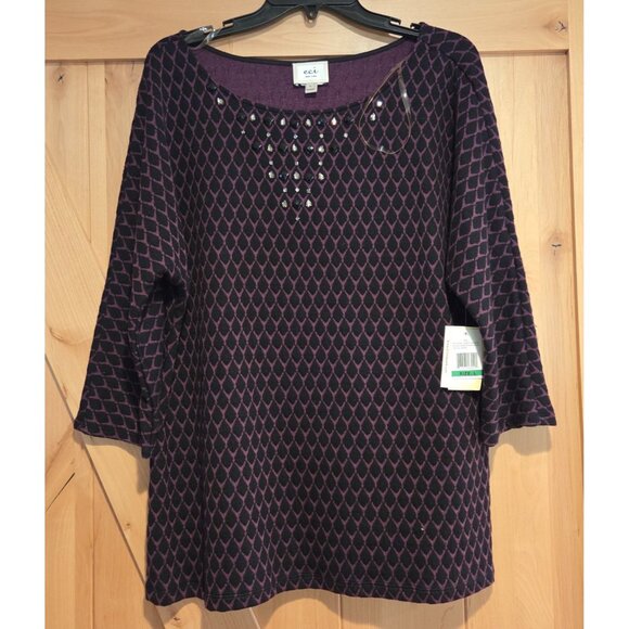 New! ECI Size L Sweater Black Purple Embellished Neck Rhinestone Geometric - Picture 1 of 16